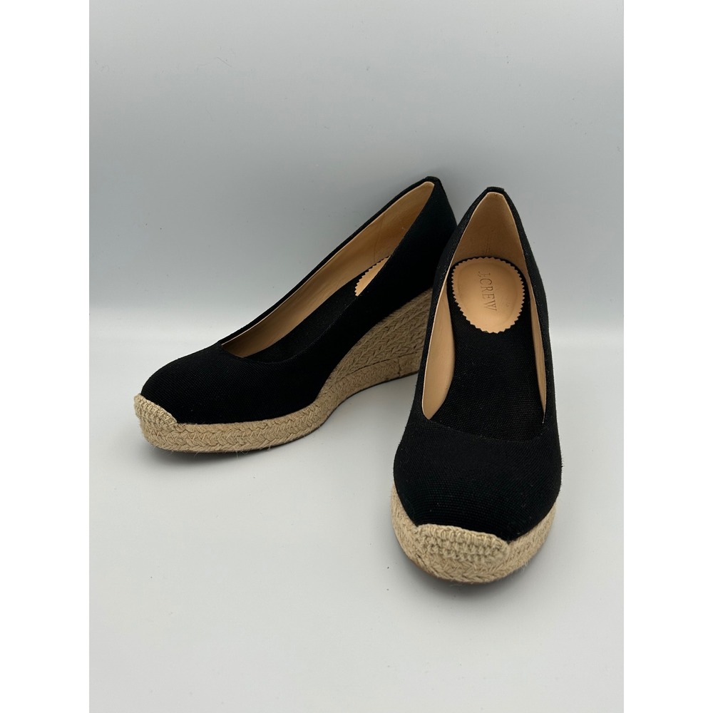 J.Crew Womens Black Canvas Espadrille Wedge Pumps High Heel Round Toe Shoes